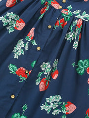 Navy cotton dress with strawberry and floral print, button-down front.