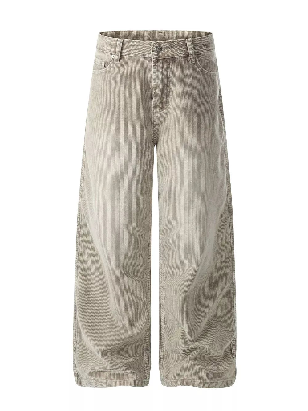 Gray corduroy wide-leg pants with a relaxed fit and classic five-pocket styling.