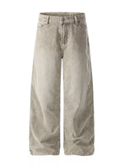 Gray corduroy wide-leg pants with a relaxed fit and classic five-pocket styling.