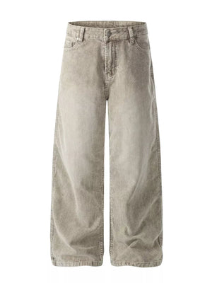 Gray corduroy wide-leg pants with a relaxed fit and classic five-pocket styling.