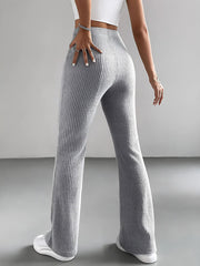 Light gray ribbed high waist flare pants with a comfortable knit fabric.