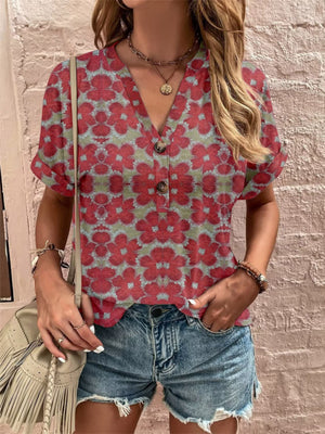Americana Henley top with red floral print, V-neck, short sleeves, and button detail.