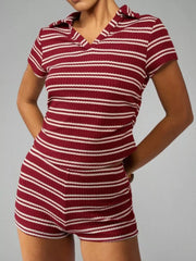 Burgundy striped knit two-piece set with a collared short-sleeve top and shorts.