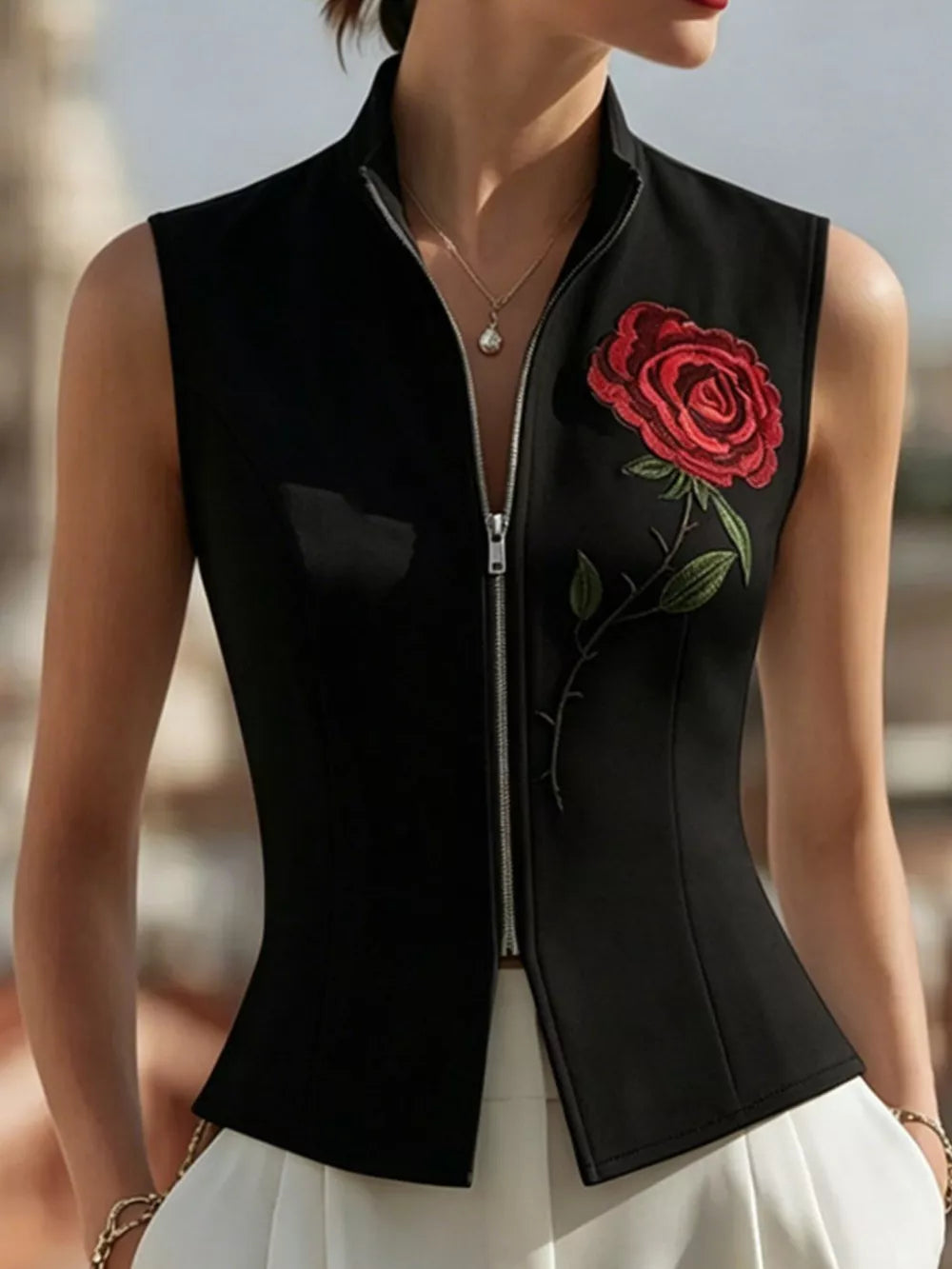 Rose Zip Up Sleeveless Shirt in Black, editorial view
