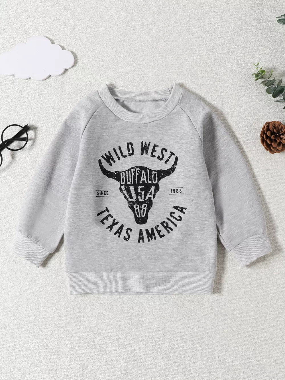 Children's Graphic Round Neck Sweatshirt in Light Gray, front view