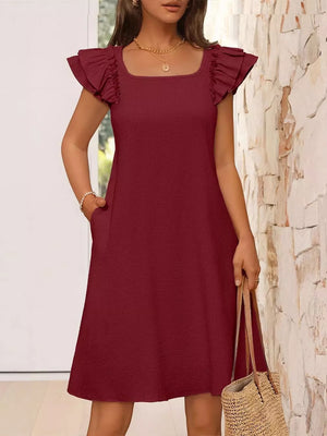 Burgundy a-line dress with ruffled cap sleeves and square neckline, featuring pockets.