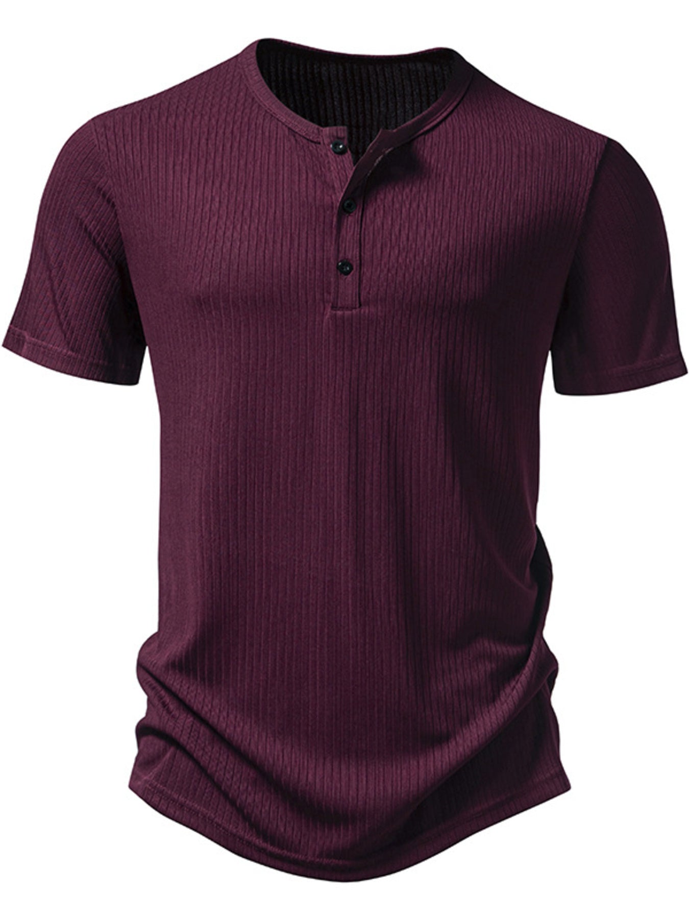 Men's burgundy ribbed short sleeve henley t-shirt with button placket.