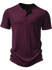 Men's burgundy ribbed short sleeve henley t-shirt with button placket.