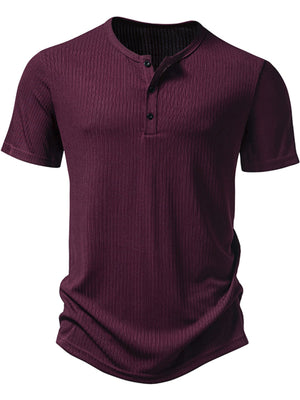 Men's burgundy ribbed short sleeve henley t-shirt with button placket.