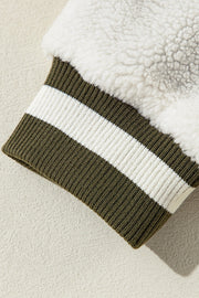 Moss corduroy varsity jacket sleeve with sherpa lining and striped rib knit cuff