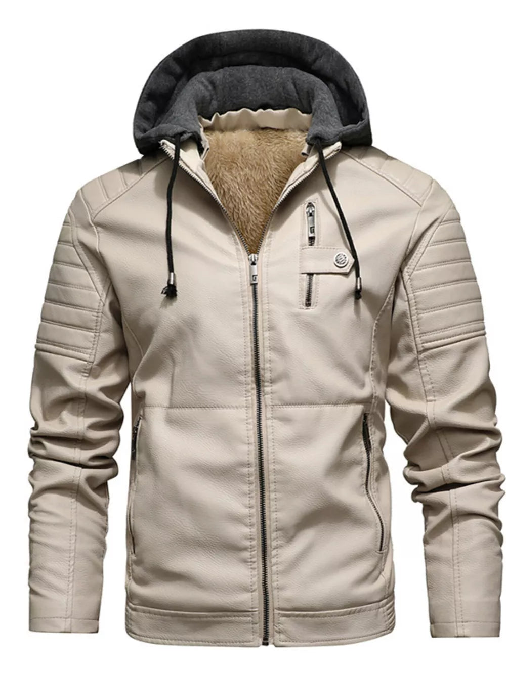 Earthy yellow faux-leather hooded jacket with sherpa lining and zippered pockets.
