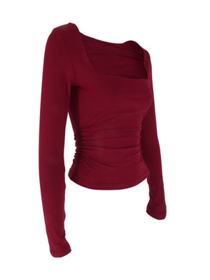 Red square neck slim fit t-shirt with ruched sides and long sleeves.