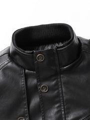 Black faux leather jacket with ribbed collar and button details.