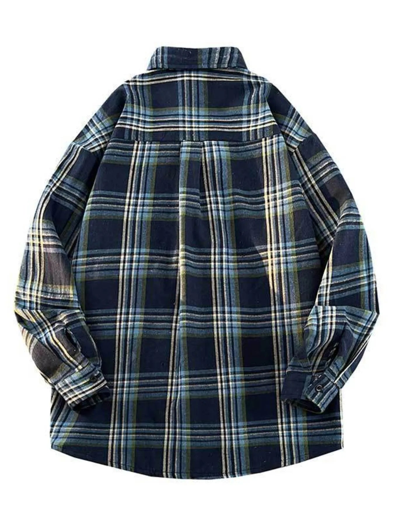 Oversized blue plaid button-up shirt with long sleeves and a collared neckline.