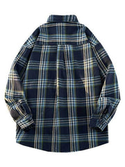 Oversized blue plaid button-up shirt with long sleeves and a collared neckline.
