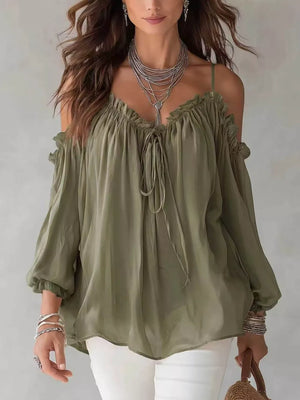 Frill Spaghetti Strap Tie Front Blouse in White, model styling view