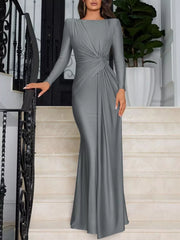 Gray ruched long sleeve maxi dress with boat neckline and bodycon fit.