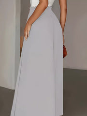 Light gray wide-leg trousers with paperbag waist detail, shown from the back.