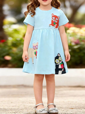 Baby girls light blue cotton dress with cartoon cat print and heart sunglasses.
