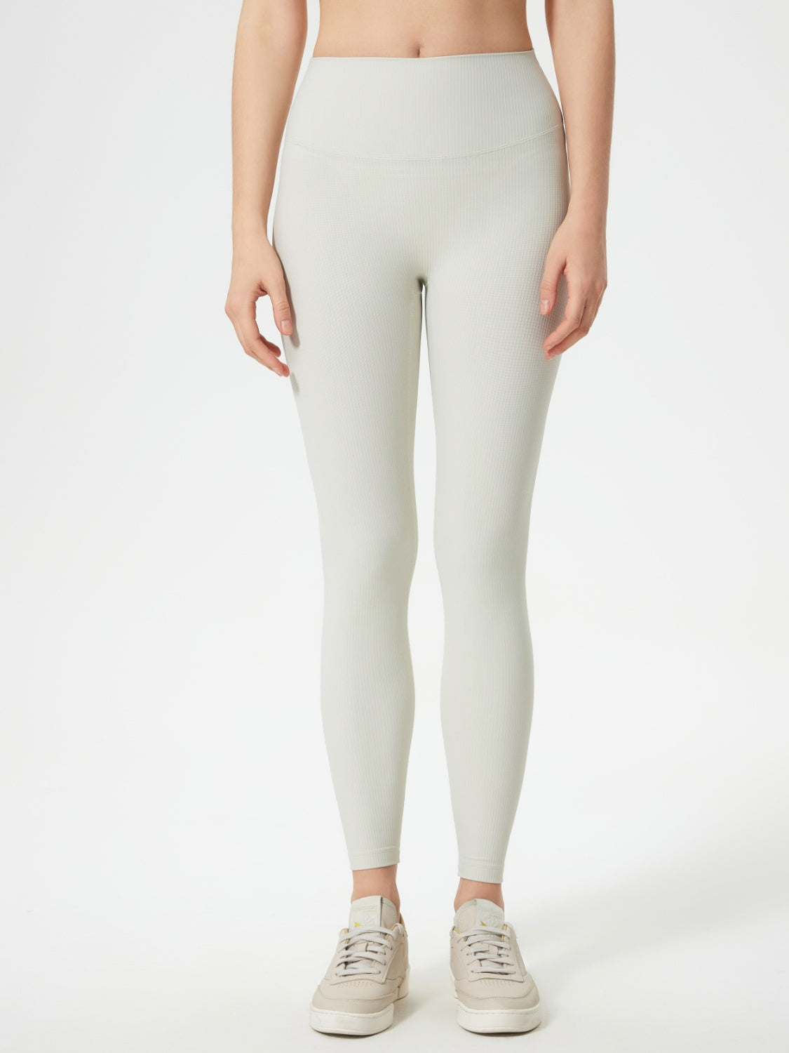Light Gray ribbed high-waist leggings with a seamless fit.