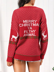 Red Christmas sweater with white polka dots, reindeer, and "Merry Christmas Ya Filthy Animal" text.