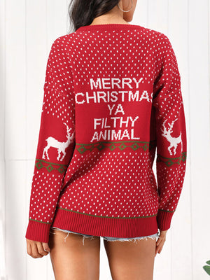 Red Christmas sweater with white polka dots, reindeer, and "Merry Christmas Ya Filthy Animal" text.
