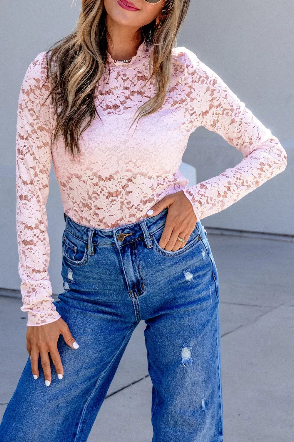Floral Lace Long Sleeve Stand Neck Top, fabric detail