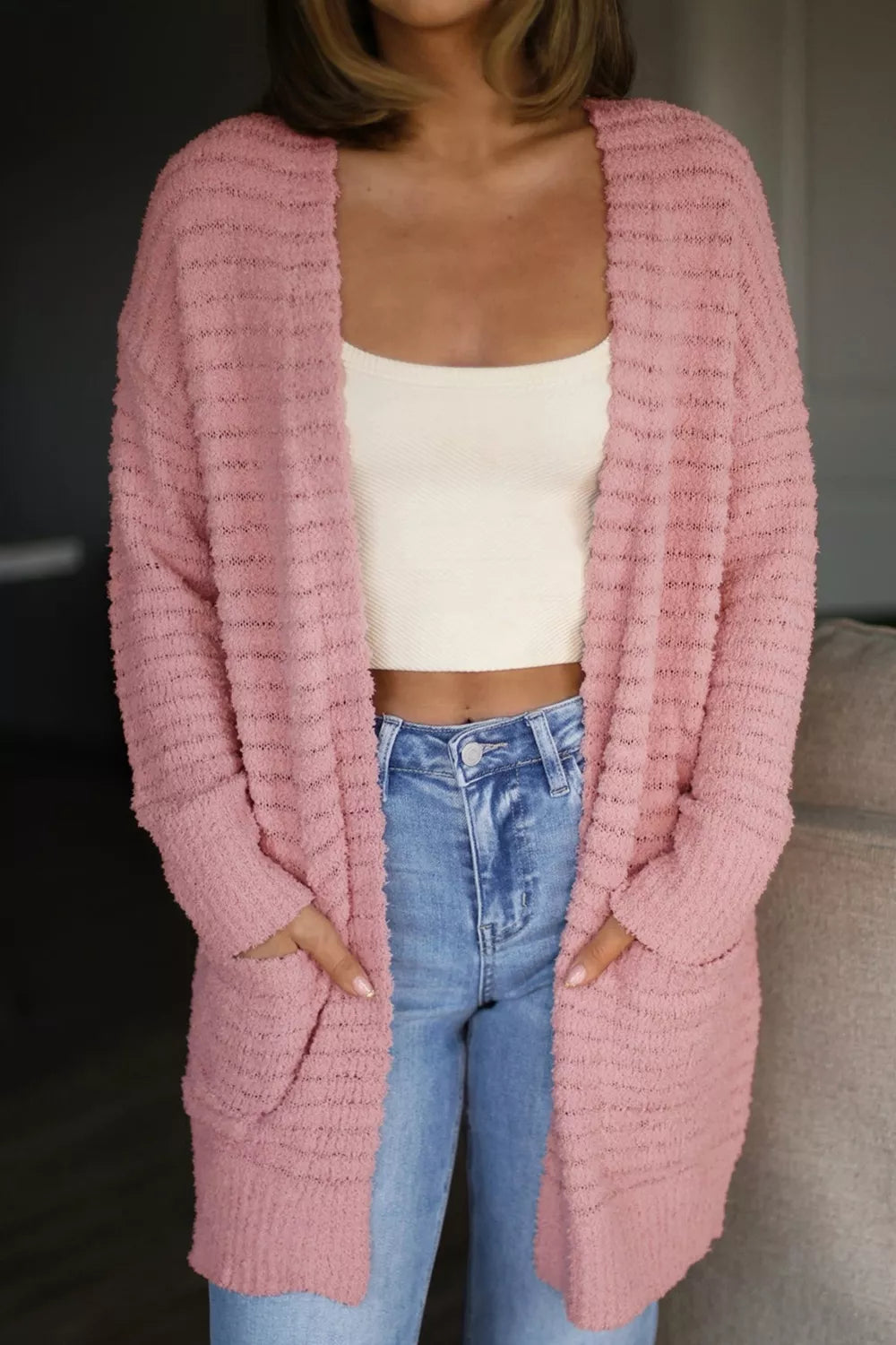cardigan in blush pink featuring pocketed and relaxed fit