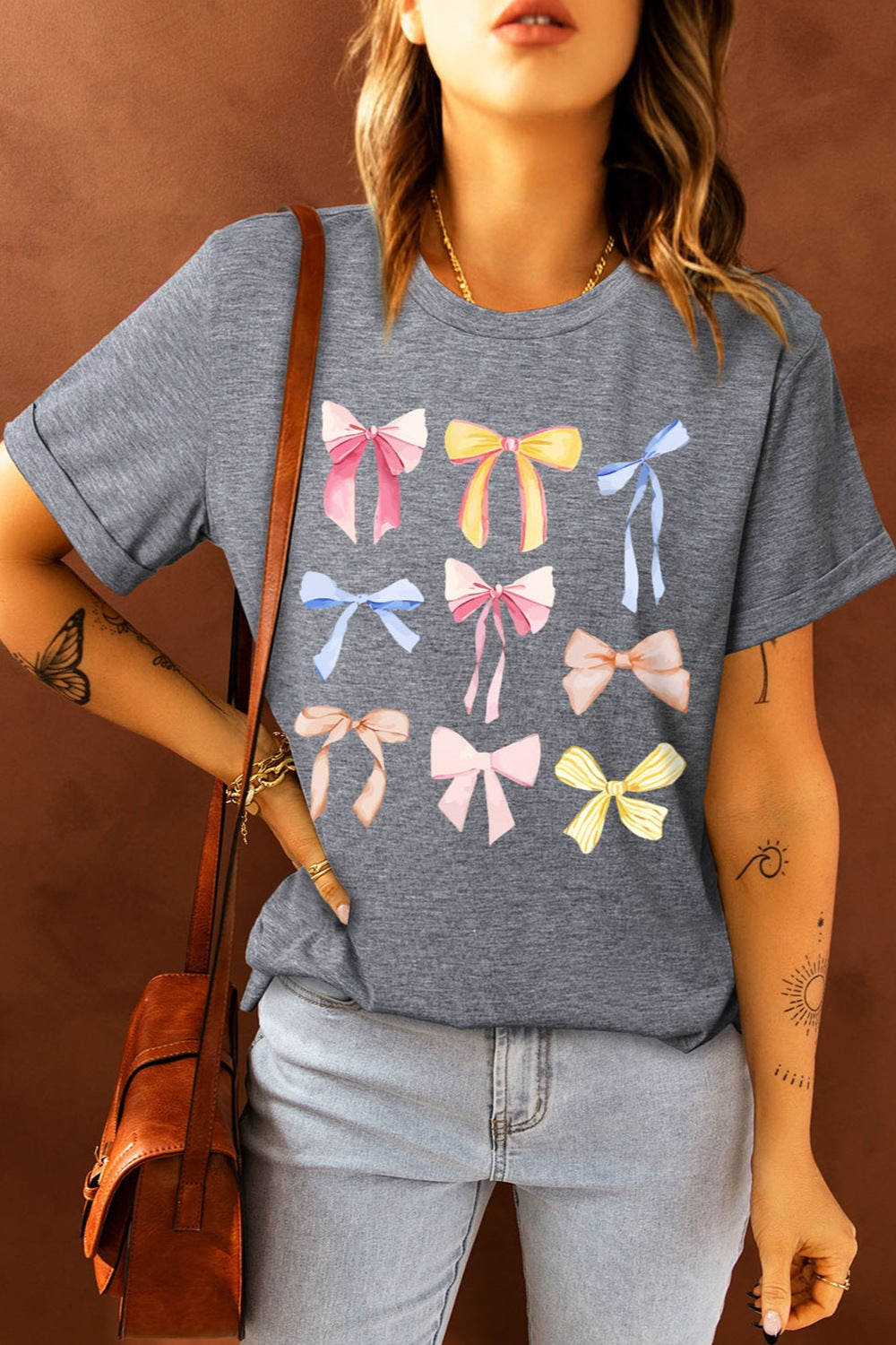Dark Gray t-shirt with watercolor bow print, crew neck, short sleeves.