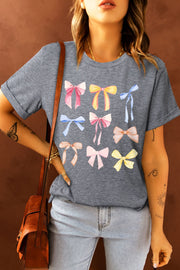 Dark Gray t-shirt with watercolor bow print, crew neck, short sleeves.