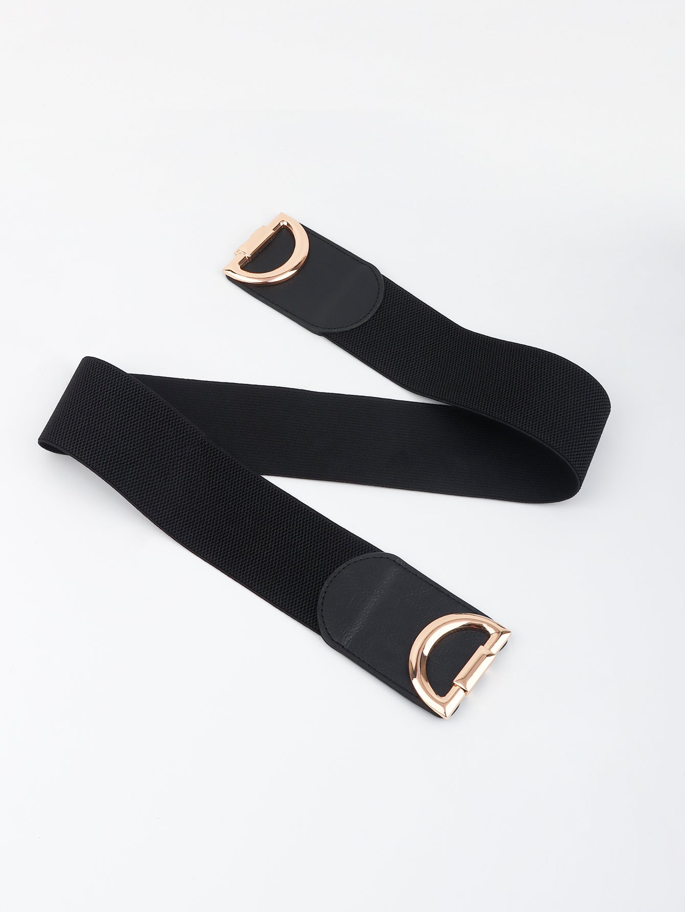 Black elastic belt with double D gold buckle detail