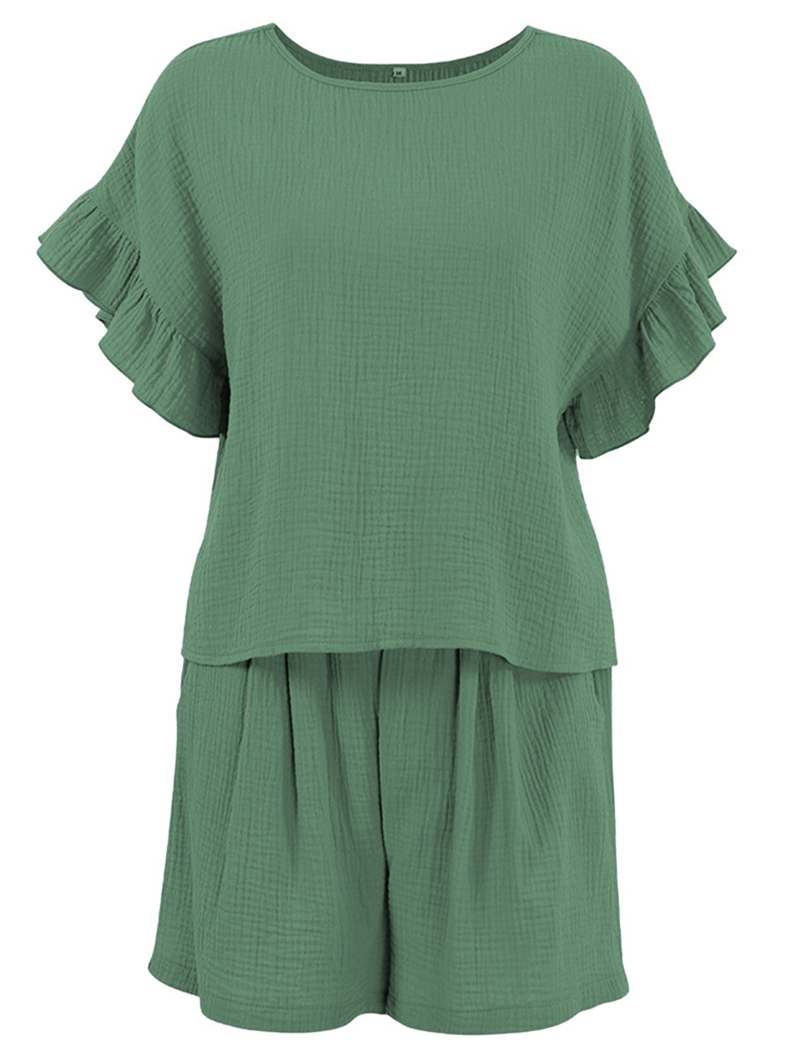 Textured gauze co-ord set in dark green with ruffle sleeves and gathered shorts.