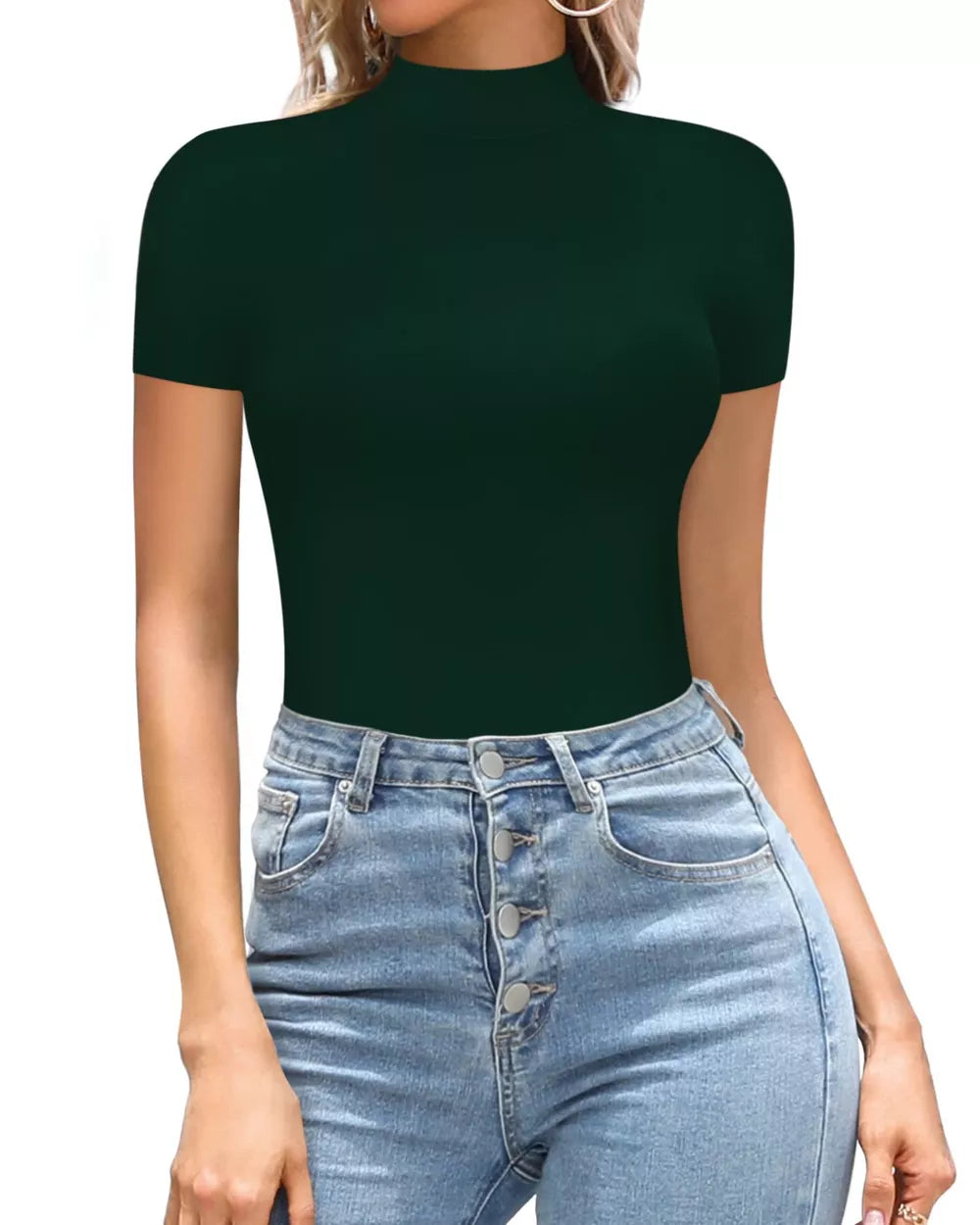 Dark green mock neck short sleeve bodysuit with a form-fitting silhouette.