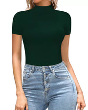 Dark green mock neck short sleeve bodysuit with a form-fitting silhouette.