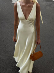 Elegant Satin Tie-shoulder V-neck Dress