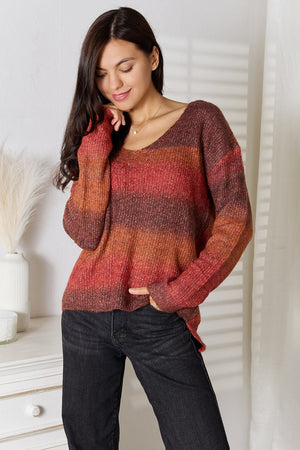 Sunset Stripe Slouchy V-Neck Knit sweater in brick red with ombre stripes, acrylic knit.