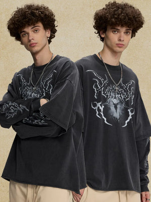 Black graphic sweatshirt with layered sleeves and bold front graphic detail.