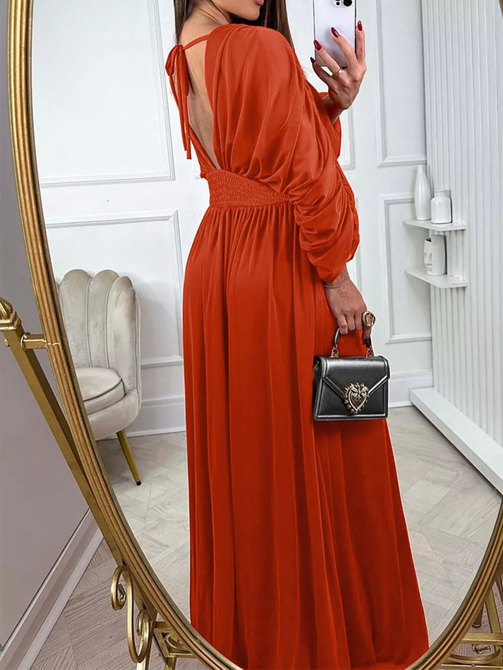 Smocked Ruched Sleeve Maxi Dress in Orange-Red, side view