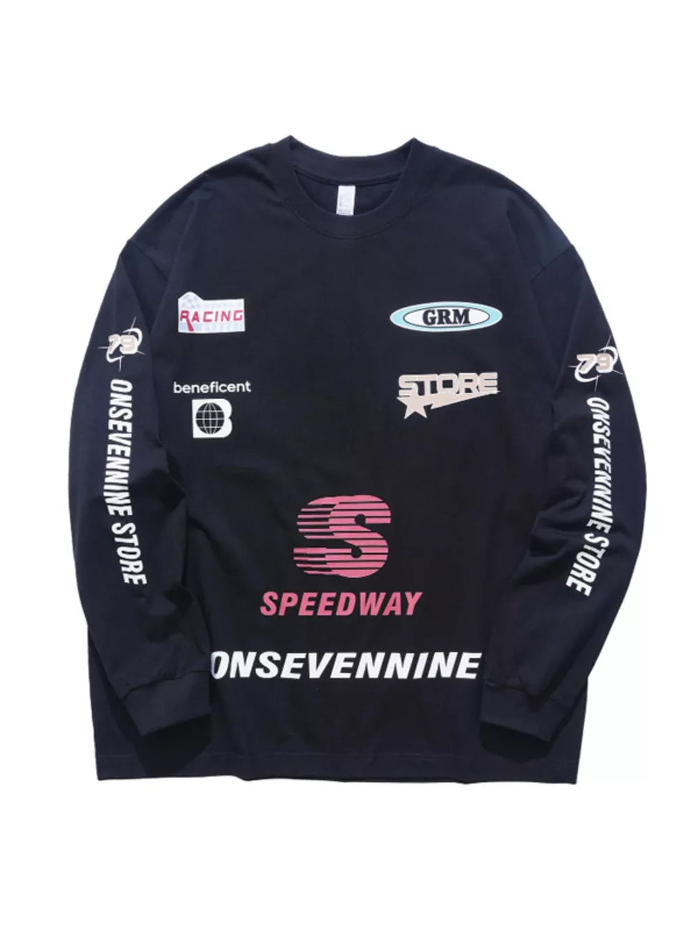 Black long sleeve t-shirt with racing graphics and text details.