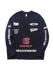 Black long sleeve t-shirt with racing graphics and text details.