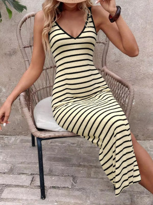 Ribbed striped bodycon midi dress in matcha color with black trim and V-neck.
