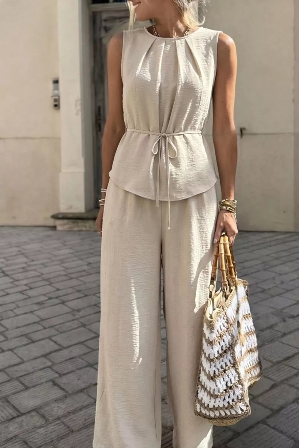 Pleated Sleeveless Top And Wide-leg Pants Set in Beige, back view