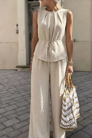 Pleated Sleeveless Top And Wide-leg Pants Set in Beige, back view
