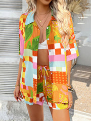 Patchwork print resort shirt and shorts set with button front and drawstring waist.