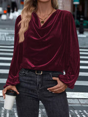 Burgundy velvet cowl neck blouse with long sleeves