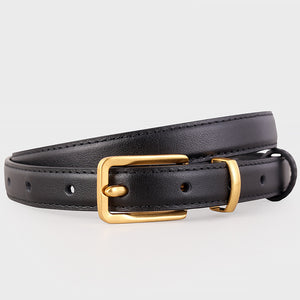 Black cowhide leather skinny belt with gold buckle