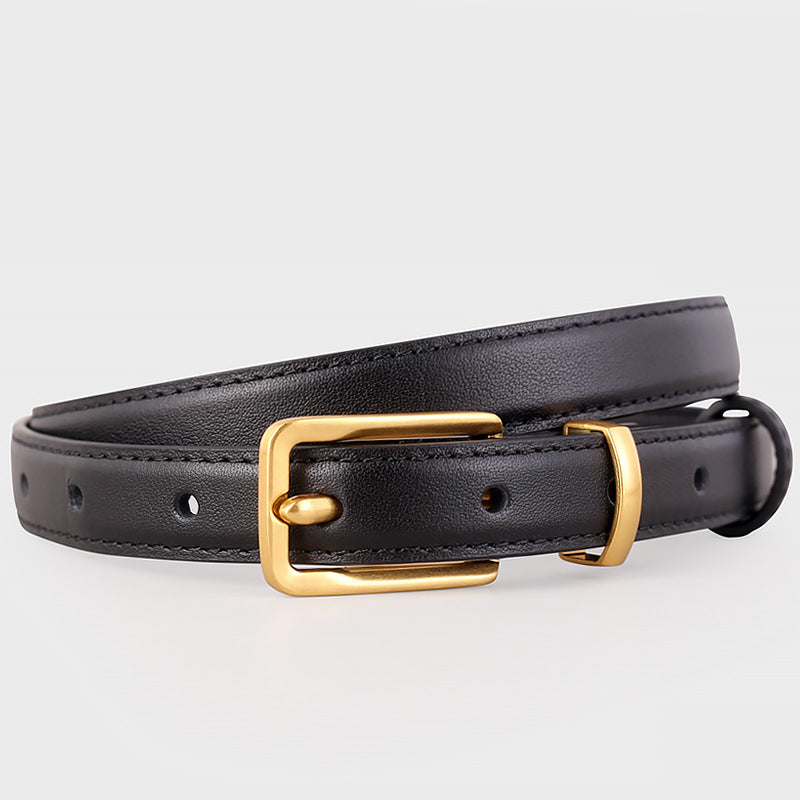Black cowhide leather skinny belt with gold buckle