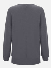 Dark Gray waffle knit crewneck top with relaxed fit and seam detail on back