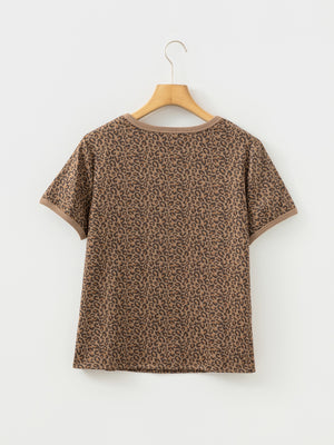 Brown leopard print t-shirt with crew neck and short sleeves.