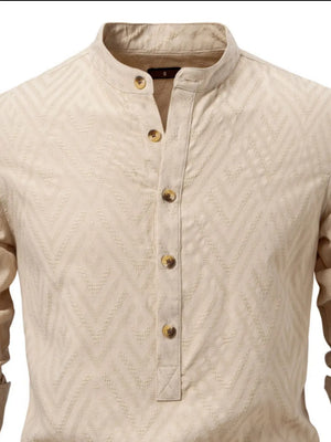 Khaki geo-embossed henley shirt with mandarin collar and button placket.